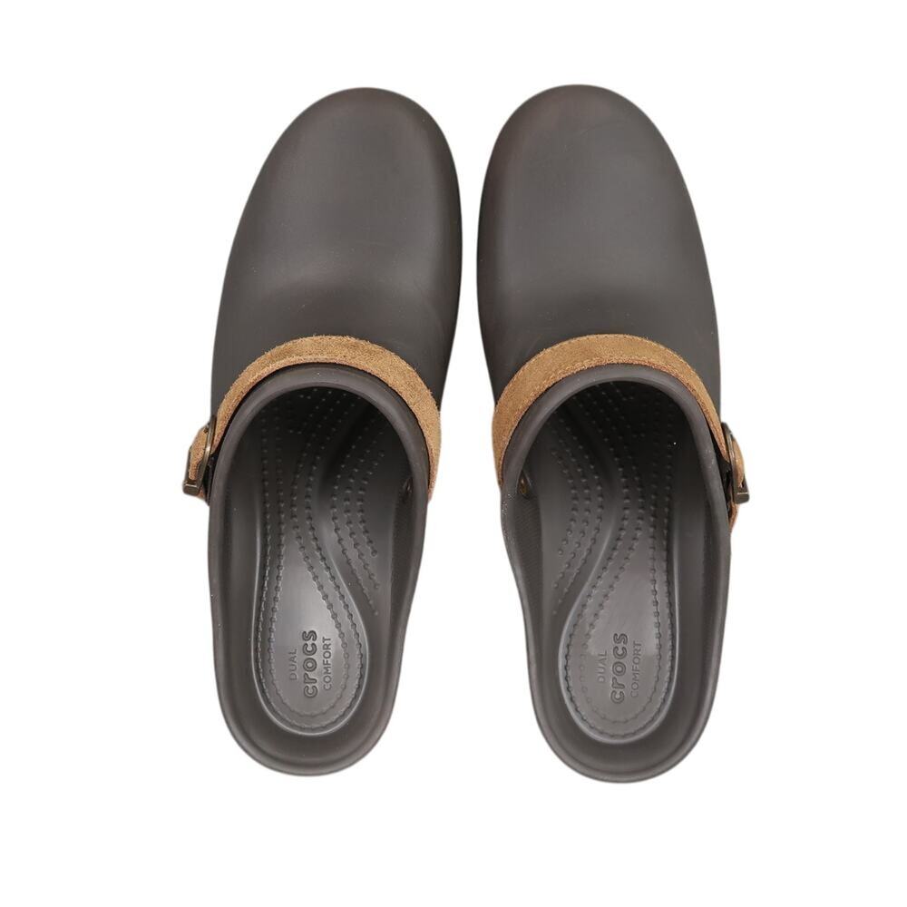 Crocs Shoe Women 9 Clog Slip On Comfort Fashion Rubber Leather Strap Brown Sarah - Picture 8 of 16
